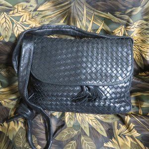 ❤️COSCI Black Intrecciato Woven Shoulder Bag Crossbody Tassle Purse